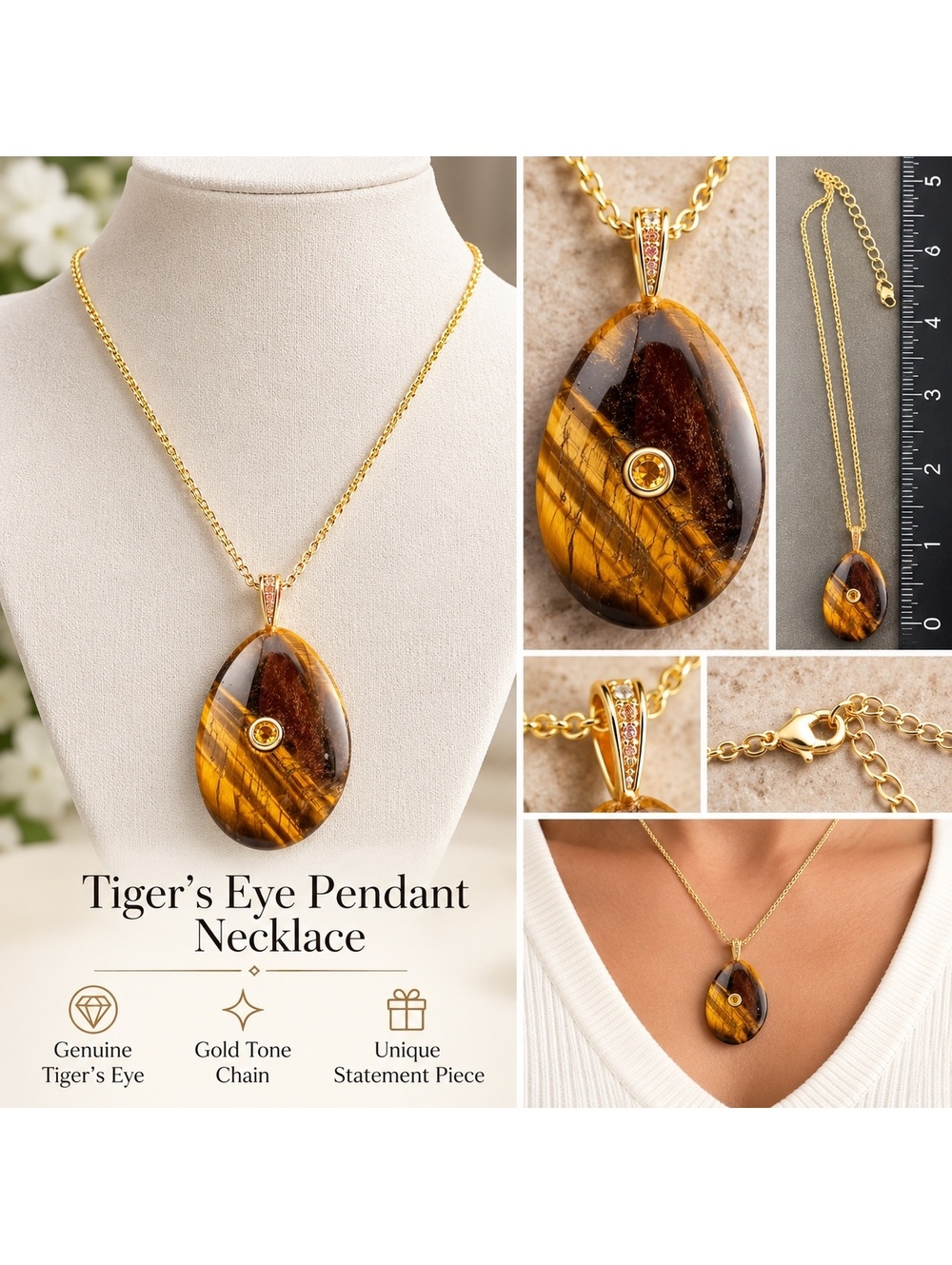 Tiger's Eye Pendant Necklace with Gold Tone Chain